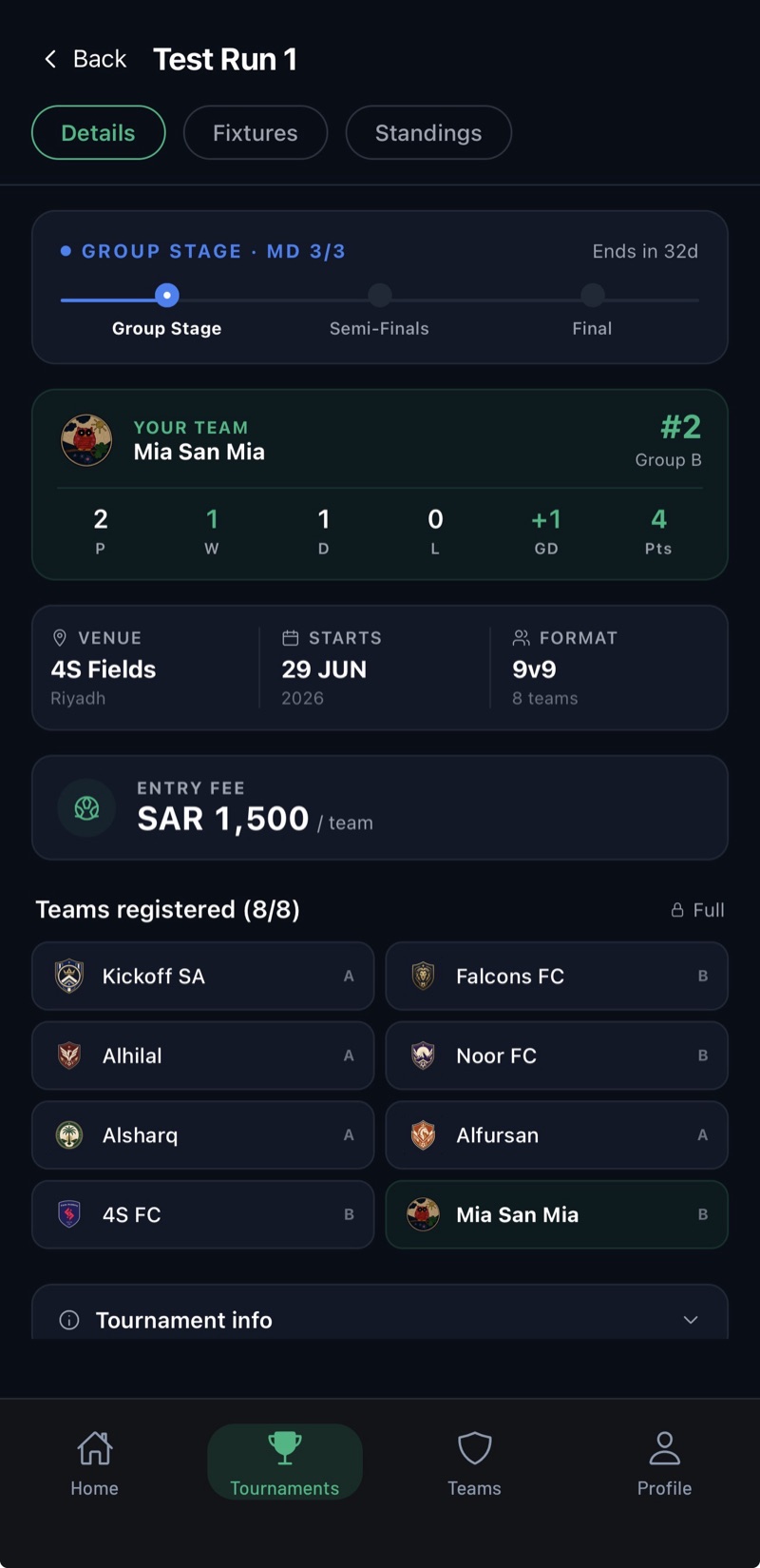 A tournament overview and registered teams in the Kickoff app