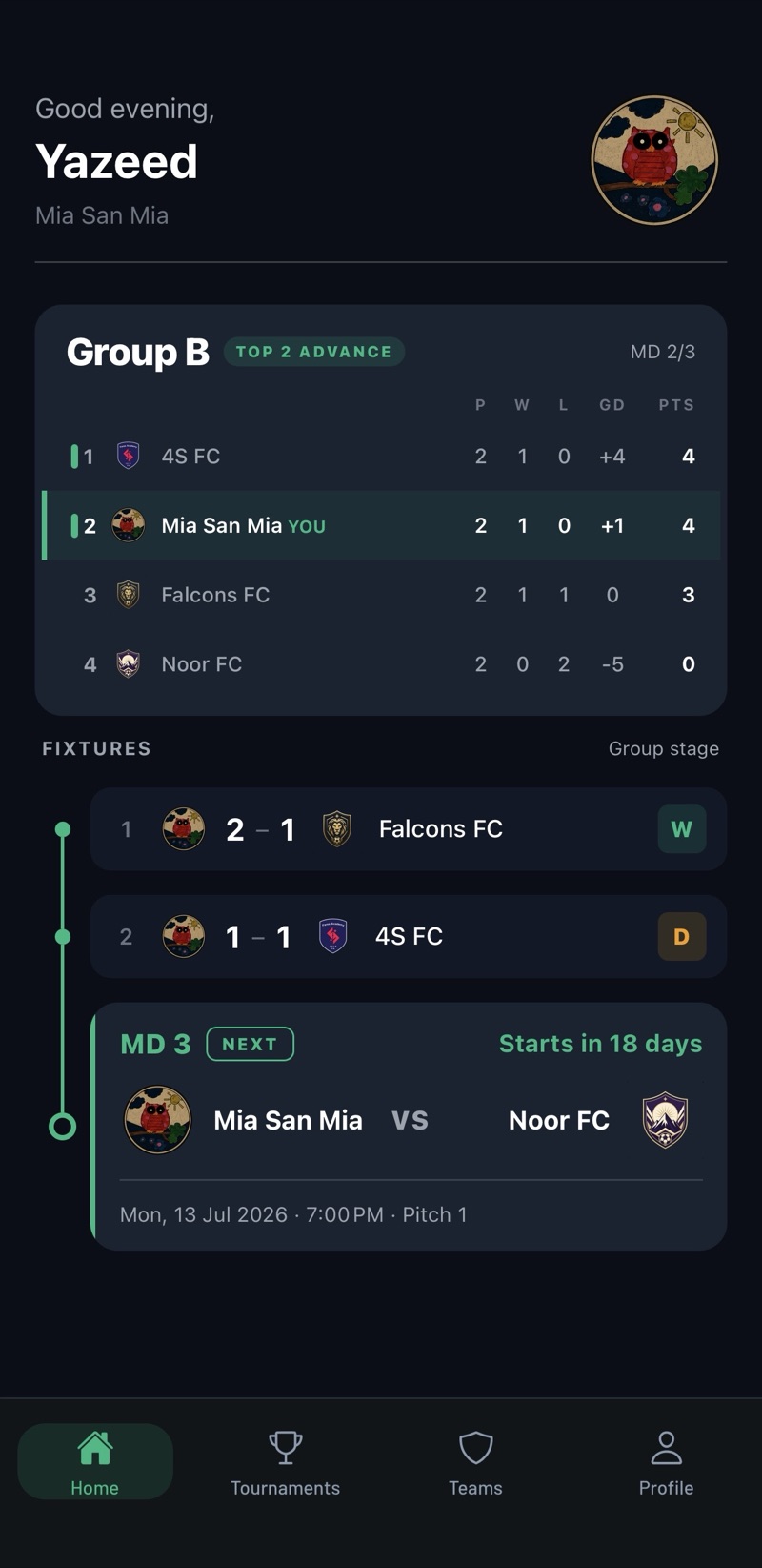 A match result and updated standings in the Kickoff app