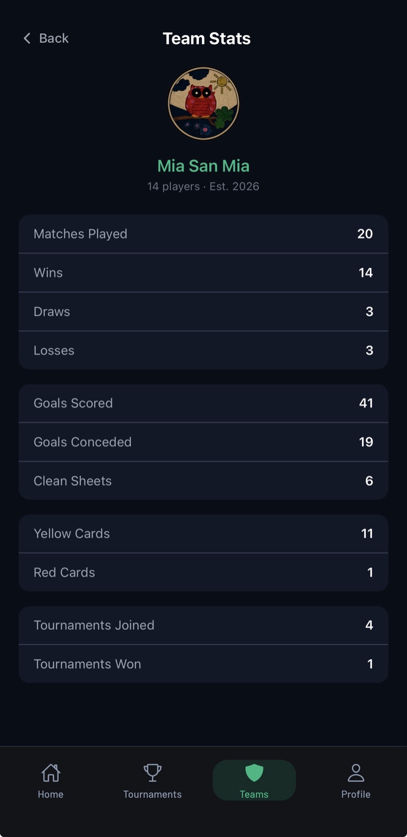A team's statistics in the Kickoff app